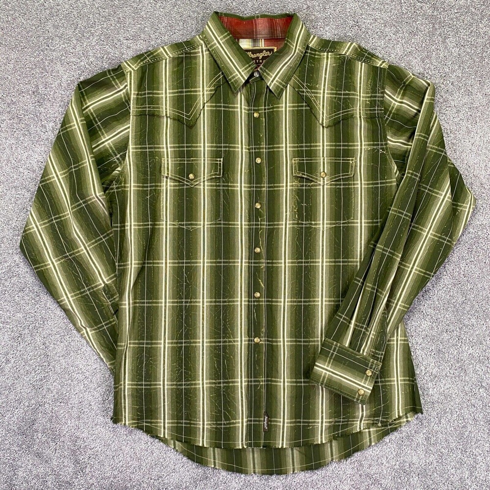 Wrangler Retro Western Shirt Mens Large Green Plaid Pearl Snap Marbled Contrast